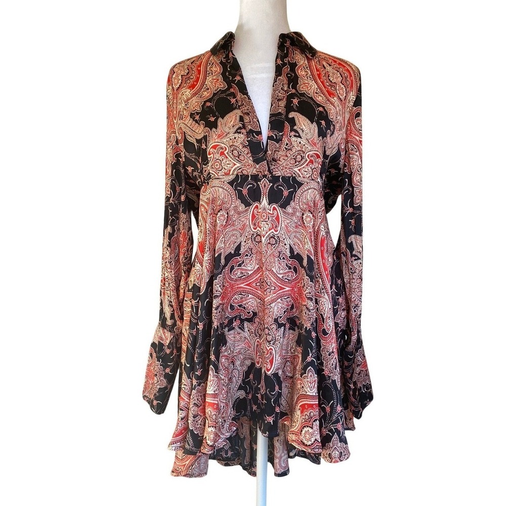 Free People Paisley Black Silky Tunic Shirt Medium Bohoโ Hippie Peasant Groovy